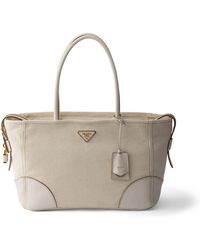 Prada - Large Linen Blend And Leather Tote Bag, Tan/Chalk - Lyst