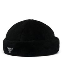 Prada - Logo Plaque Shearling Hat - Lyst
