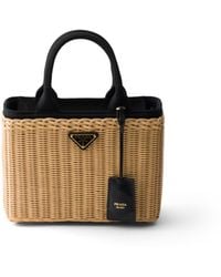 Prada - Medium Wicker And Canvas Tote Bag - Lyst
