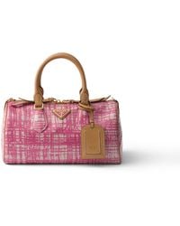 Prada - Evasion Small Linen Blend And Leather Top-Handle Bag - Lyst