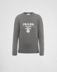 Prada Logo Print Crew Neck Wool And Cashmere Blend Jumper in Blue Lyst UK