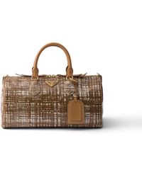 Prada - Medium Linen Blend And Leather Top-Handle Bag, Brandy - Lyst