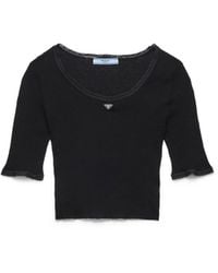 Prada - Cropped Ribbed Cotton T-Shirt - Lyst