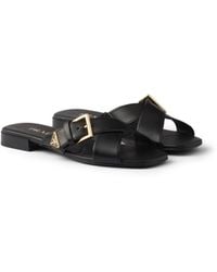 Prada - Leather Crisscross Slides With Buckle, Size 35 - Lyst