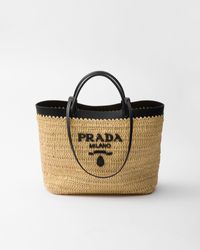 Prada - Medium Woven Fabric And Leather Tote Bag - Lyst