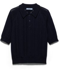Prada - Short-Sleeved Openwork Cotton Polo Shirt - Lyst