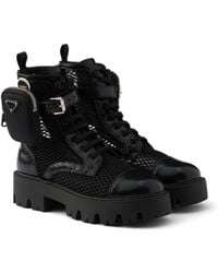 Prada - Mesh Fabric And Brushed Leather Booties With Pouch - Lyst