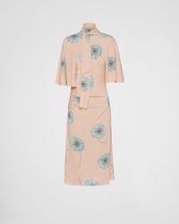 Prada - Printed Sablé Dress With Scarf Collar - Lyst