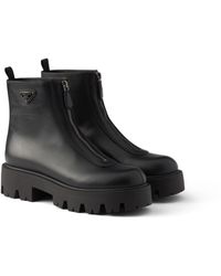 Prada - Leather Zipper Booties - Lyst
