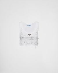 Prada - Embroidered Ribbed Knit Jersey Top - Lyst