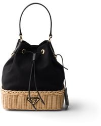 Prada - Wicker And Canvas Bucket Bag - Lyst