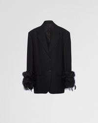 Prada - Single-Breasted Wool Jacket With Feather Trim - Lyst
