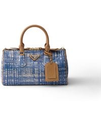 Prada - Small Linen Blend And Leather Top-Handle Bag - Lyst
