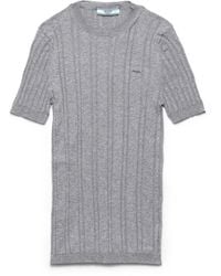 Prada - Jersey De Manga Corta De Punto Acanalado De Algodón, Mujer, Talla - Lyst