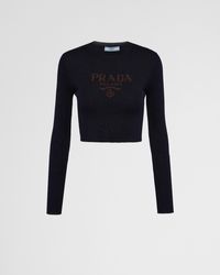 Prada - Cropped Silk Sweater With Logo - Lyst