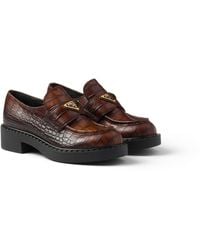 Prada - Chocolate Crocodile-Print Leather Loafers - Lyst