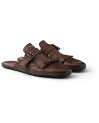 Prada - Shuffle Antiqued Leather Mules With Buckled Strap And Fringe - Lyst
