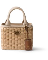 Prada - Small Wicker And Canvas Tote Bag - Lyst
