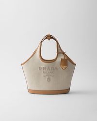 Prada - Medium Linen Blend And Leather Tote Bag - Lyst