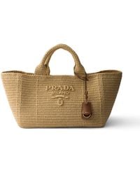 Prada - Large Crochet Tote Bag With Leather Details, Natural - Lyst