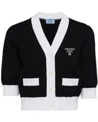 Prada - Logo-Embroidered Cropped Cotton Cardigan - Lyst