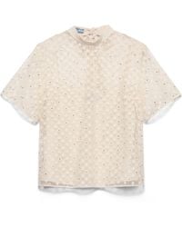 Prada - Embroidered Lace Top, Natural - Lyst
