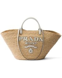 Prada - Large Raffia And Leather Shopping Bag - Lyst