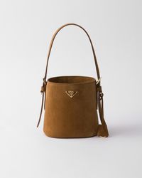 PRADA＊Suede mini bucket bag スエード バケットバッグ＊送料込 Prada Suede Bucket Bag With Brand Plaque - Brown | Editorialist