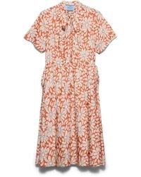 Prada - Printed Pleated Pongé Dress - Lyst