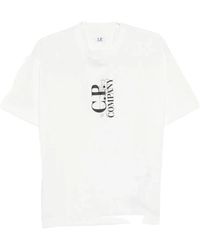 C.P. Company - T-Shirt Bianca Girocollo Con Logo Stampato - Lyst