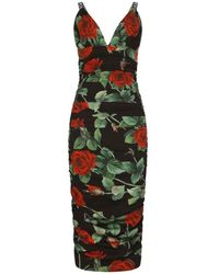 Dolce & Gabbana Charmeuse Midi Dress With Red Rose Print - Green