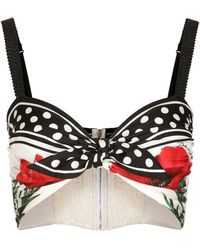 Dolce & Gabbana Poppy-print Twill Top With Knot Detail - Black
