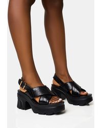 Public Desire - Flare Black Cross Strap Chunky Mid Heel Sandals - Lyst