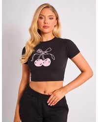 Public Desire - Kaiia Bow Cherry Graphic Baby Tee Black & Pink - Lyst