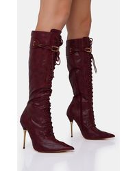 Public Desire - Infatuated Burgundy Croc Lace Up Buckle Feature Pointed Toe Gold Stiletto Knee High Boots - Lyst
