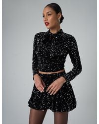 Public Desire - Bow Detail Sequin Long Sleeve Cropped Top Black - Lyst