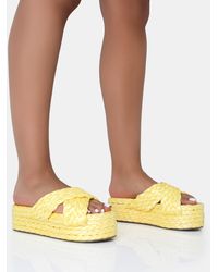 Public Desire - Kos Yellow Raffia Cross Over Strap Slip On Flatform Sandals - Lyst