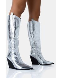 Public Desire - Nevada Silver Metallic Western Cowboy Block Heel Knee High Boots - Lyst