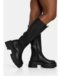 Public Desire - Evergreen Black Knee High Elasticated Detail Chunky Heeled Sole Boots - Lyst