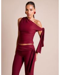 Public Desire - Knot Detail Asymmetric One Shoulder Luxe Slinky Top Burgundy - Lyst