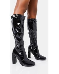 Public Desire - First Class Black Patent Diamante Buckle Strap Detail Rounded Toe Knee High Block Heeled Boots - Lyst