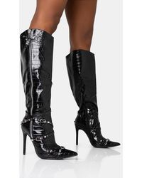 Public Desire - Worthy Black Croc Studded Zip Detail Pointed Toe Stiletto Knee High Boots - Lyst