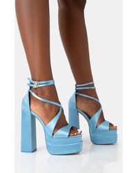Public Desire - Breanna Wide Fit Baby Blue Satin Strappy Ankle Extreme Double Platform Block Heels - Lyst