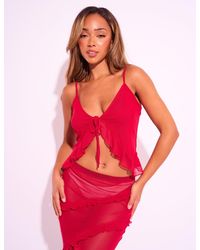 Public Desire - Frill Detail Mesh Tie Front Top Co-ord Red - Lyst