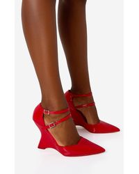 Public Desire - Aspiration Red Patent Strappy Pointed Toe Platform Cut Out Wedge Heels - Lyst