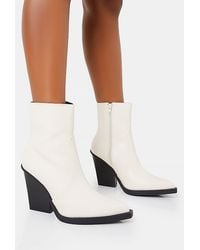 Public Desire - Jessie White Pu Western Pointed Toe Black Contrast Sole Block Heeled Ankle Boots - Lyst