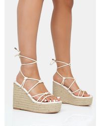 Public Desire - Islander Ecru Lace Up Square Toe High Heeled Sandal Esparille Wedges - Lyst