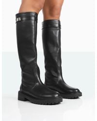 Public Desire - More Fun Wide Fit Black Pu Round Toe Chunky Sole Knee High Boots - Lyst