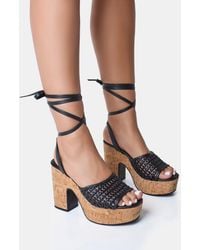 Public Desire - Jos Black Wide Fit Netted Lace Up Cork Platform Sandals - Lyst