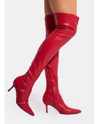 Public Desire - Roulette Red Pointed Toe Diamante Buckle Mid Heel Over The Knee Sock Boots - Lyst